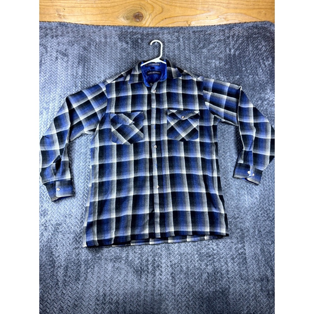 Van Heusen Flannel Shirt Mens Medium Blue Gray Acrylic Plaid Lined Button Up